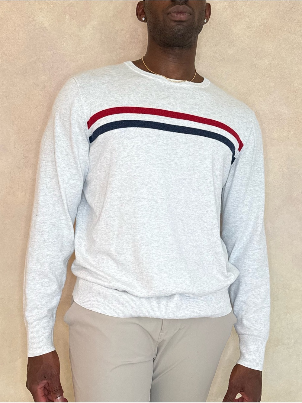 Old Navy Men’s Cream Crewneck Sweater with Stripe Detail